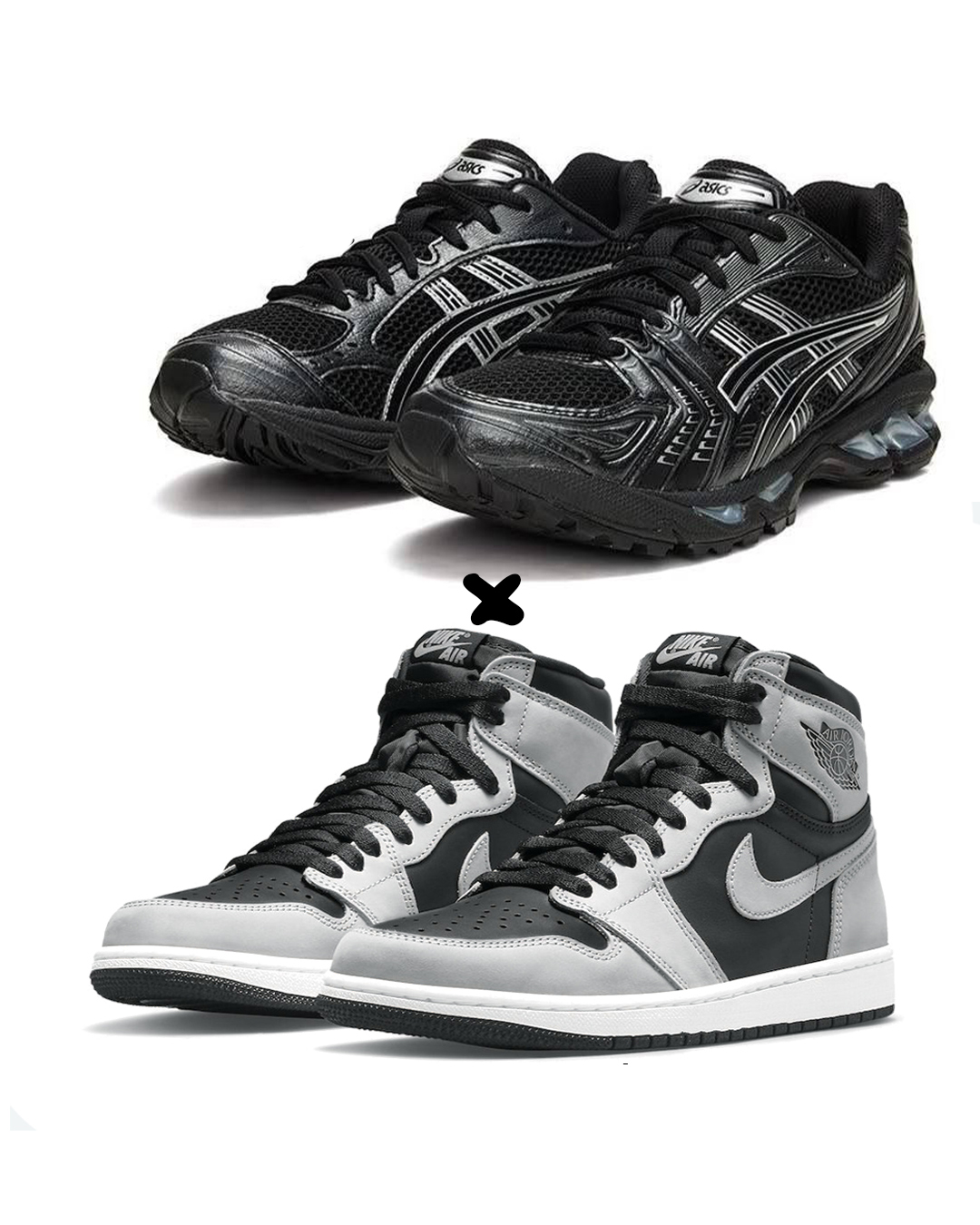Asics Gel-Kayano 14 “Black and Pure Silver” X. Nike Air Jordan 1 Retro High OG 'Shadow 2.0'